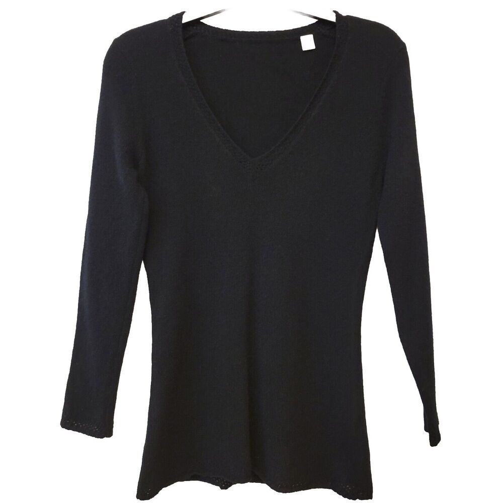 100% Cashmere V-neck Black Azure Finish Long Sleeve Women Sz XS Sweater